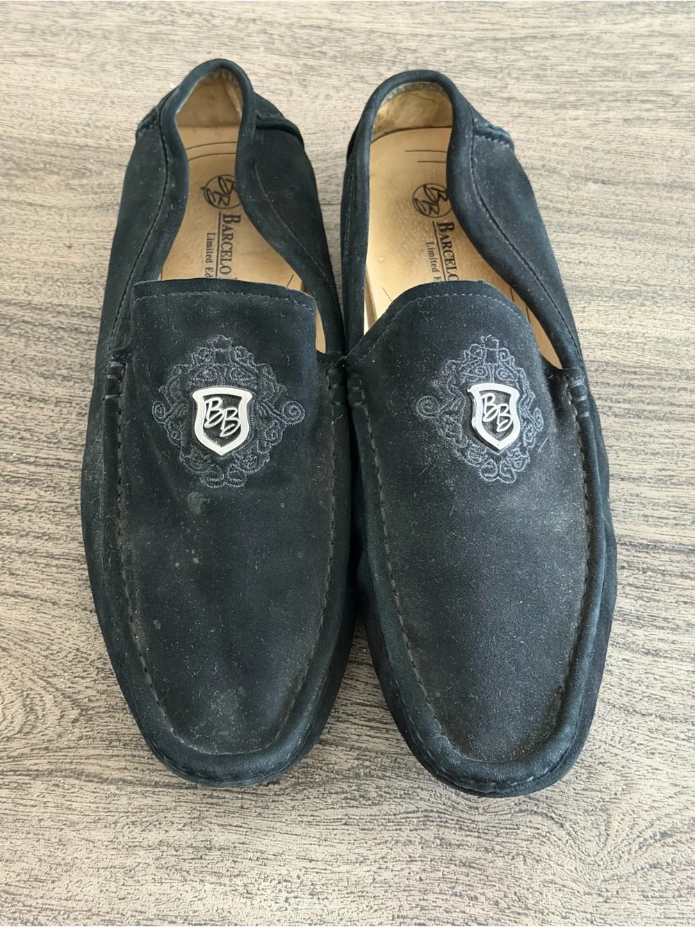 Black Suede Penny Loafers with Embroidered Crest - Men’s Slip-On